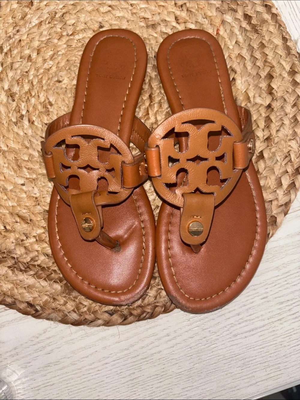 Tory Burch Tan Miller Logo Leather Thong Sandals